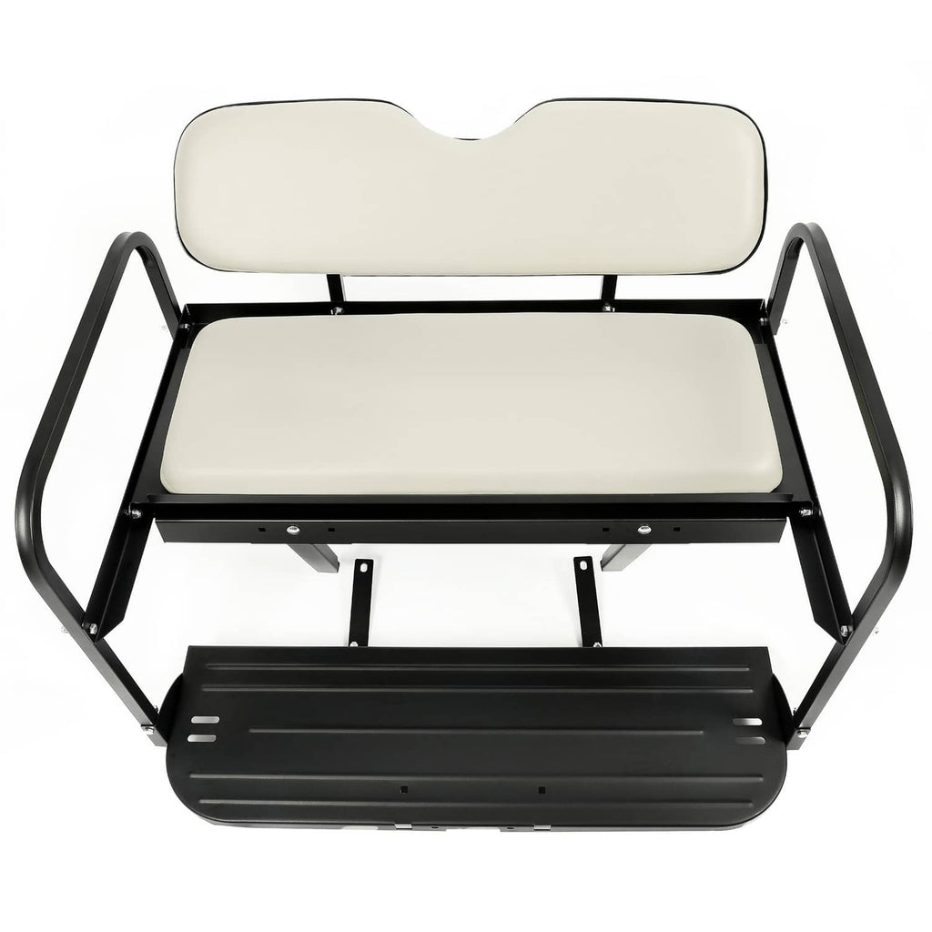 Golf cart flip rear back seat kit with off-white bench pad and black side rails