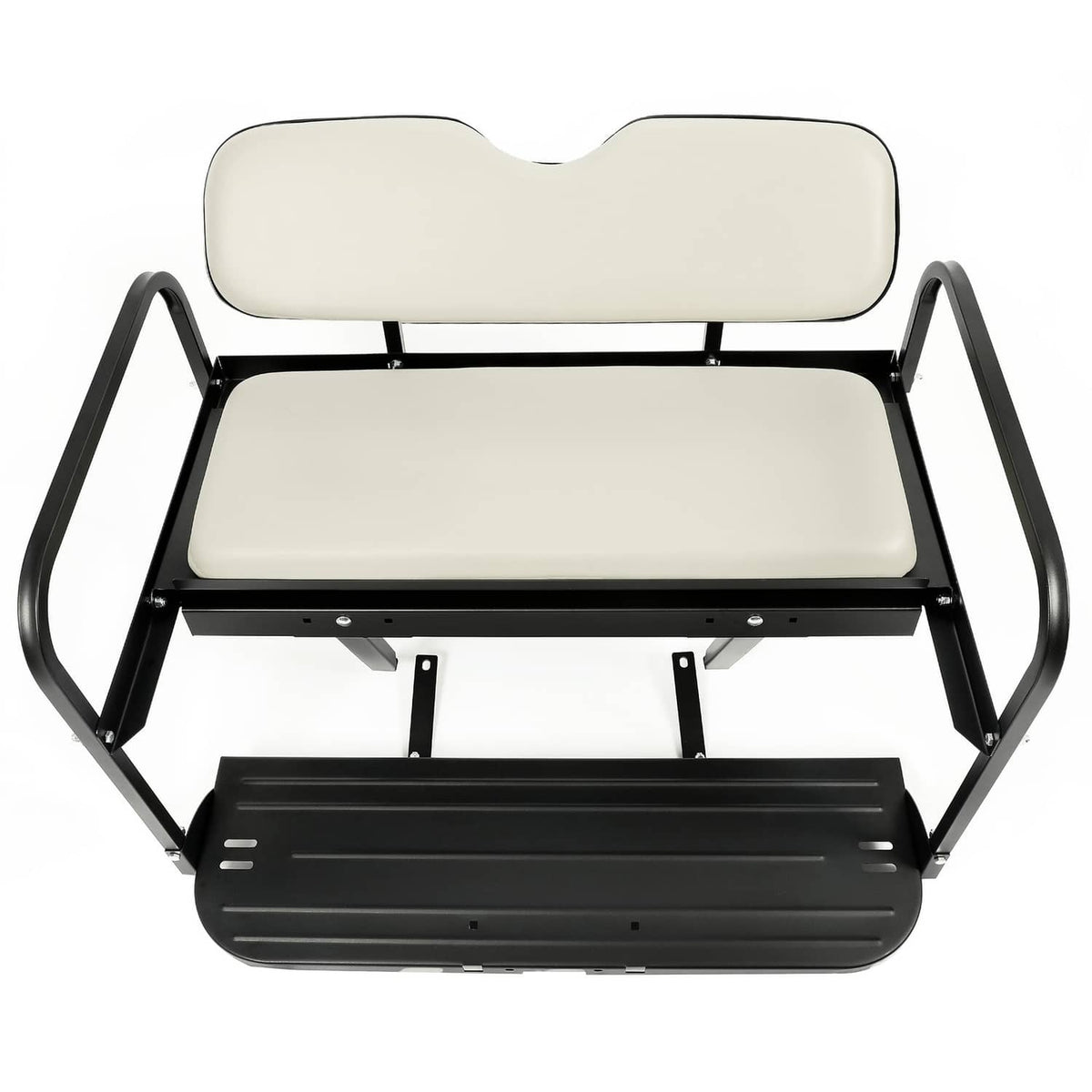 Golf cart flip rear back seat kit with off-white bench pad and black side rails
