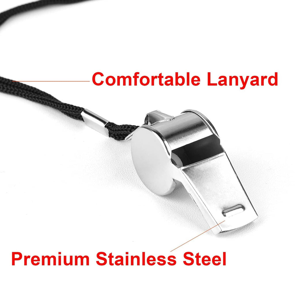 Silver stainless steel whistle with black lanyard cord and clip loop