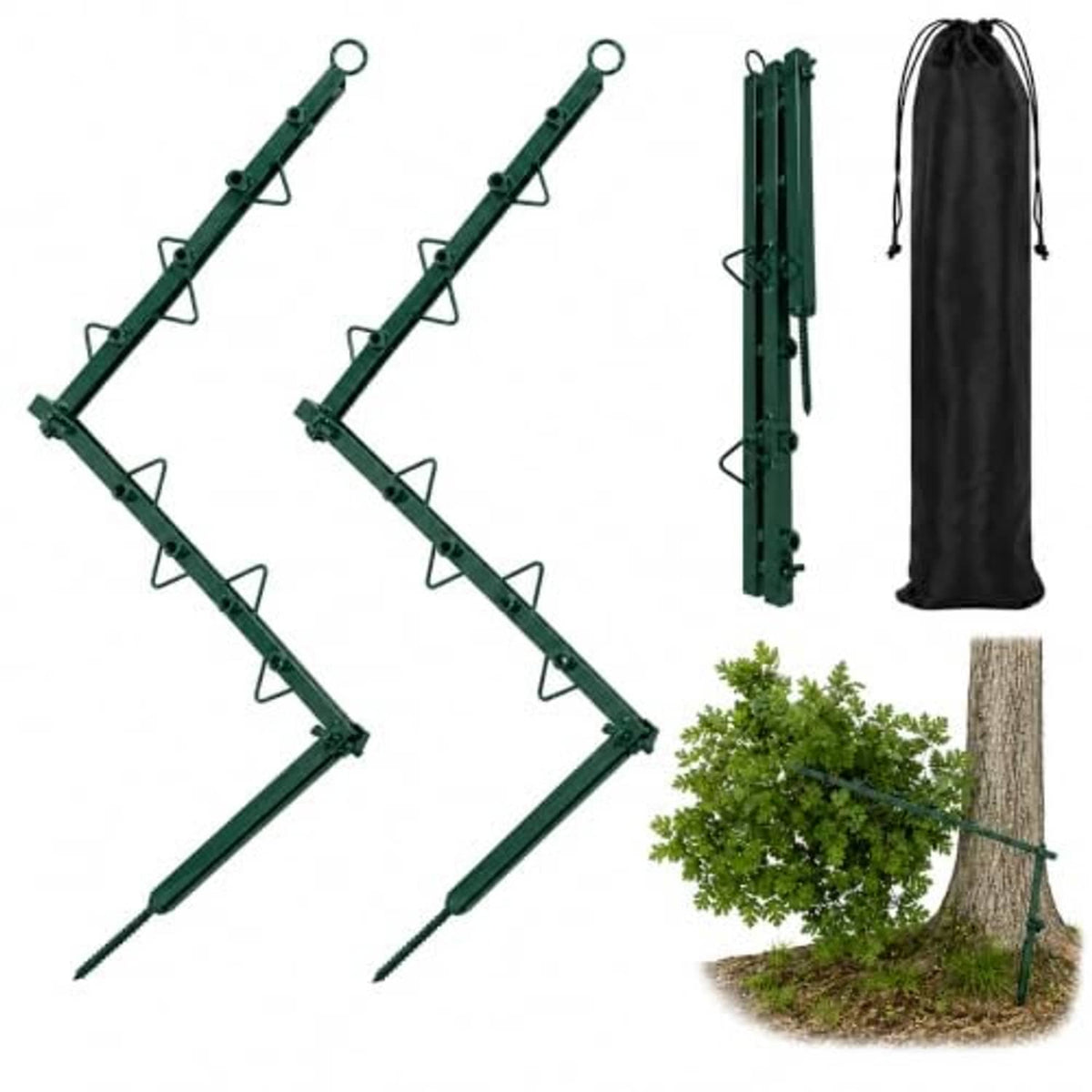 Foldable hunting camouflage branch-cover stand set with green frame, hooks, stake, and storage bag
