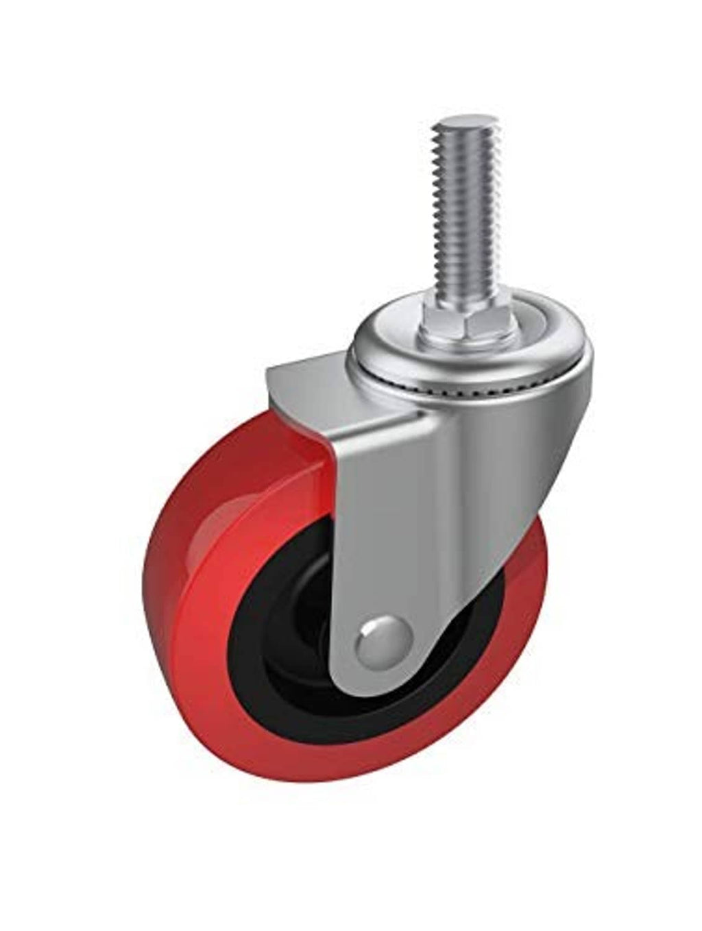 Single swivel caster wheel with red wheel, black center, and silver screw stem mount