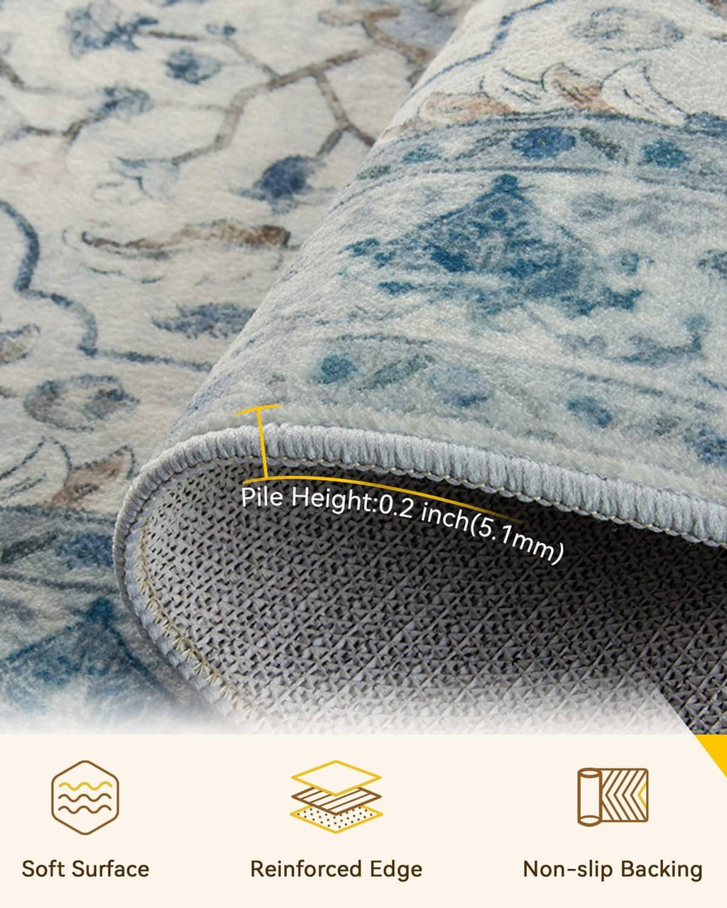 Close-up of blue and gray washable rug edge with short fringe and reinforced border