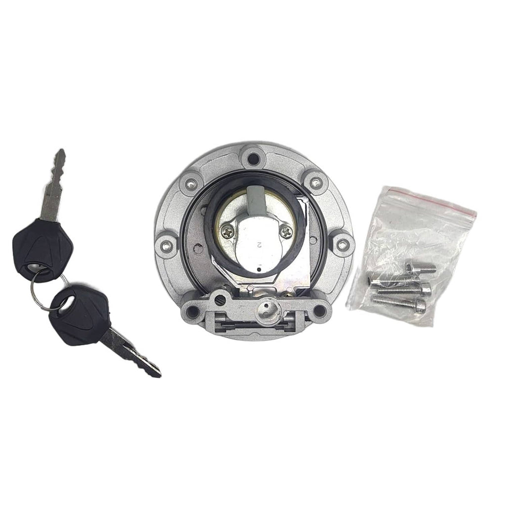 Fuel tank cap cover open view, round metal with pull slot and included screw hardware