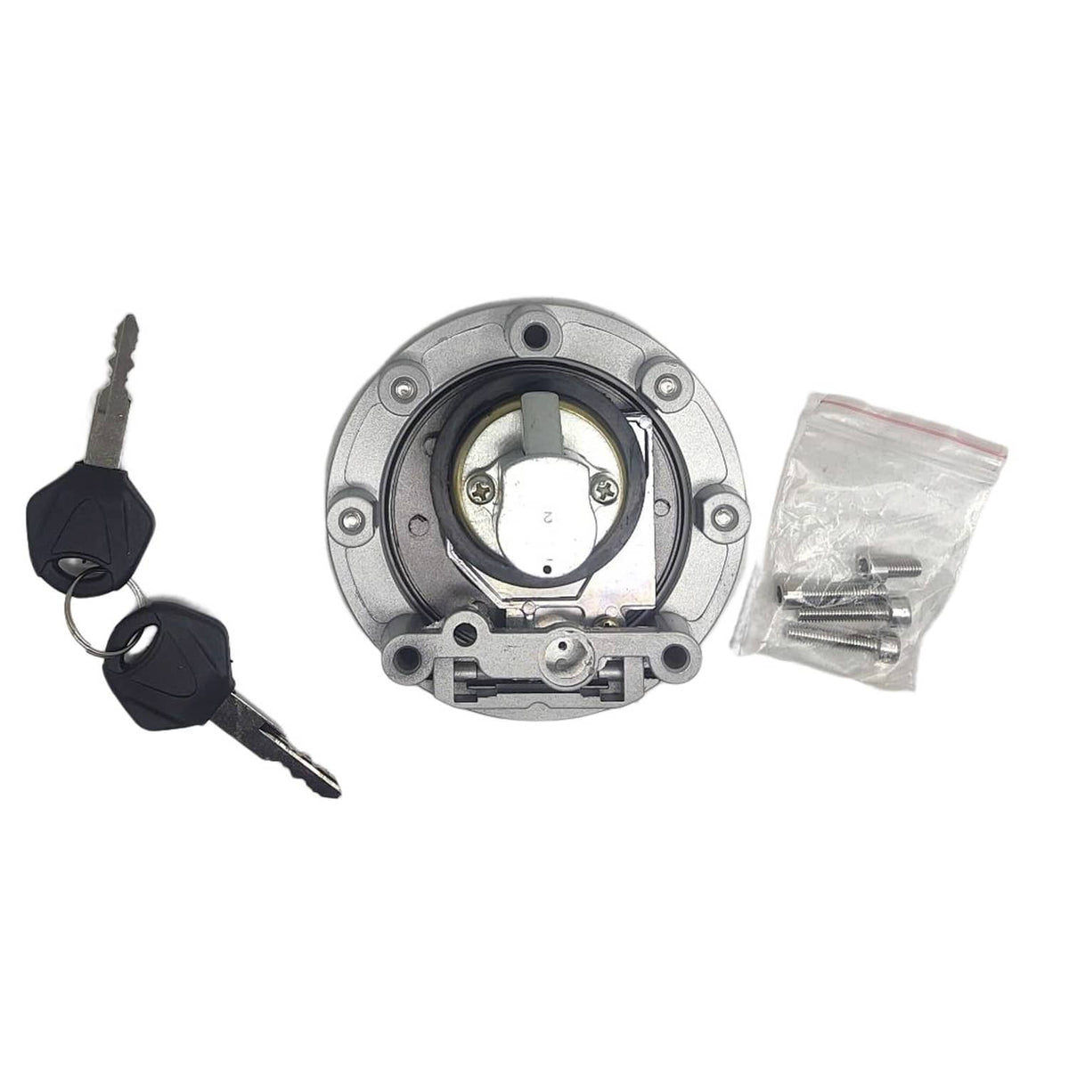 Fuel tank cap cover open view, round metal with pull slot and included screw hardware