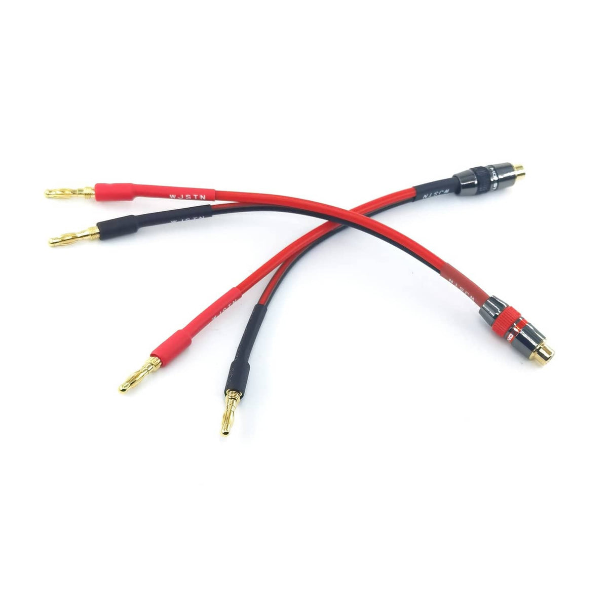 Red and black speaker audio adapter cable with multiple gold banana plug ends
