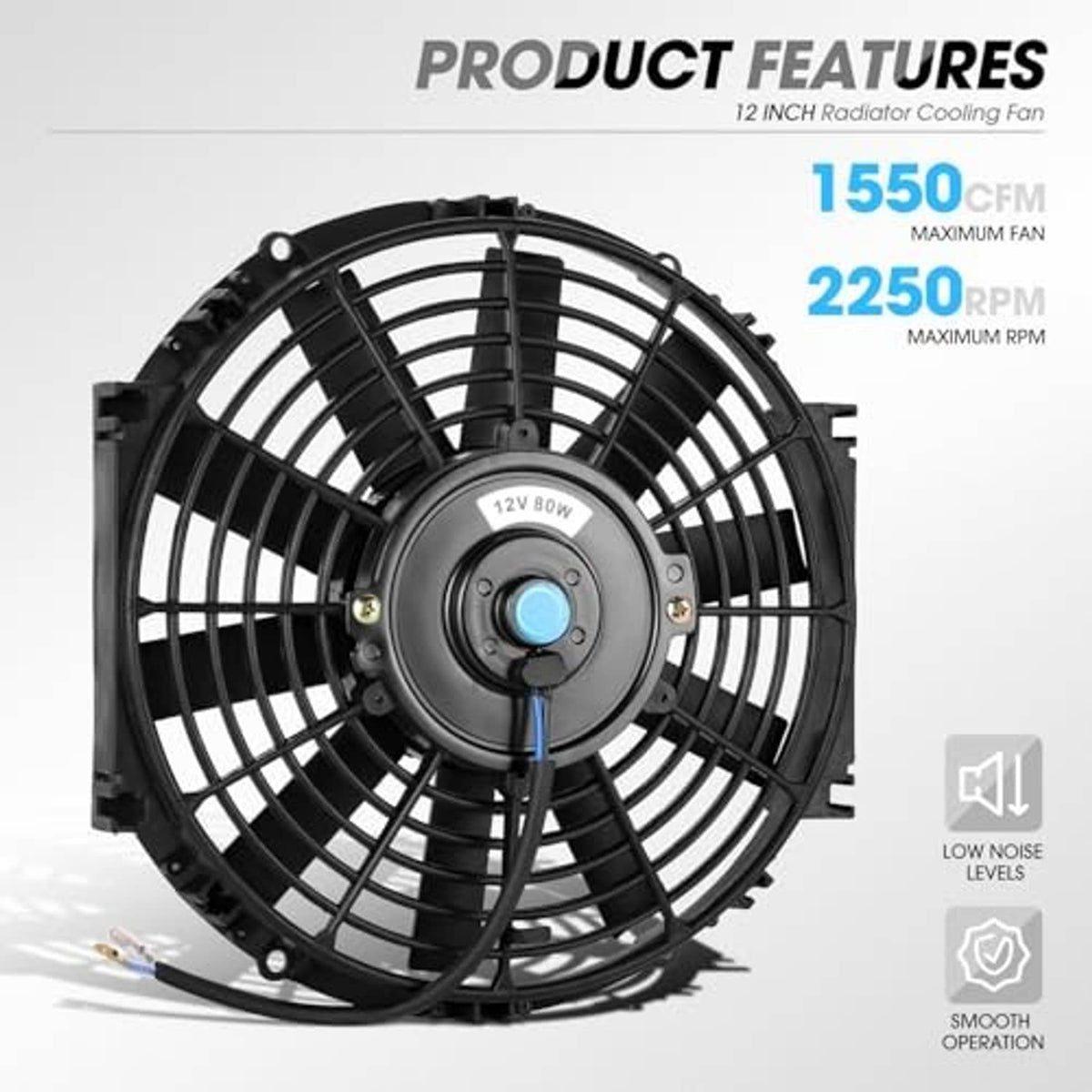 12-inch electric radiator cooling fan, black grille with 1550 CFM and 2250 RPM