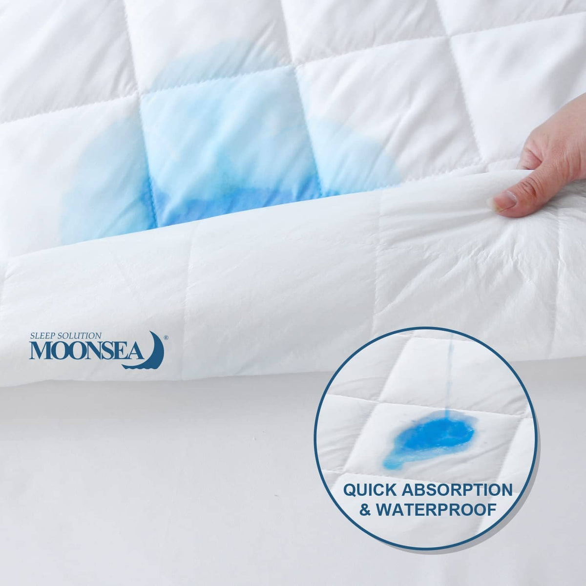 White twin waterproof mattress pad protector with blue water-repellent layer detail
