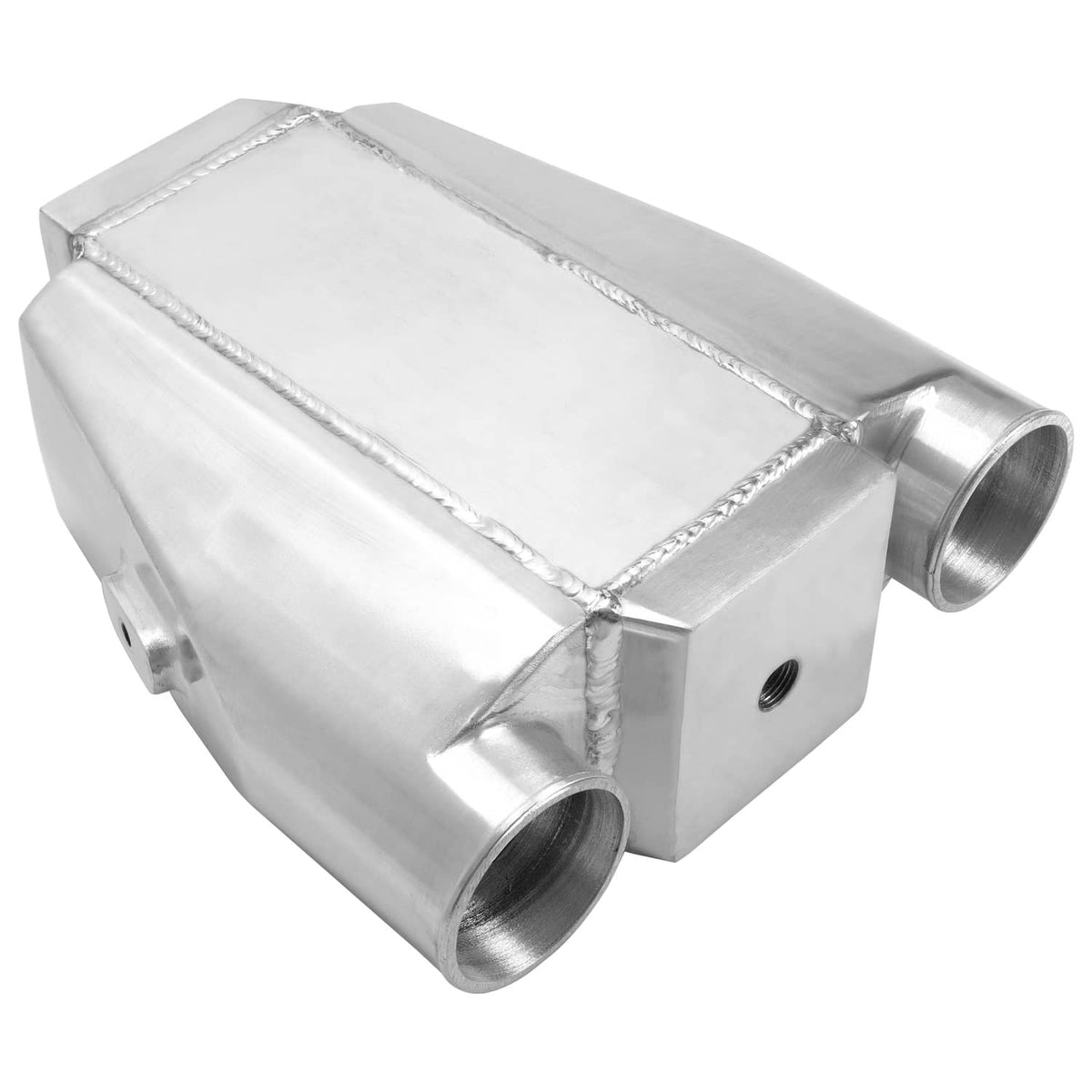 Universal air-to-water intercooler with two round inlet/outlet ports and welded aluminum housing