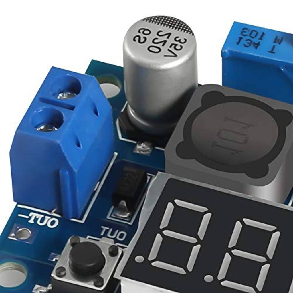 Close-up of LM2596 buck converter showing red 3-digit display and silver potentiometer
