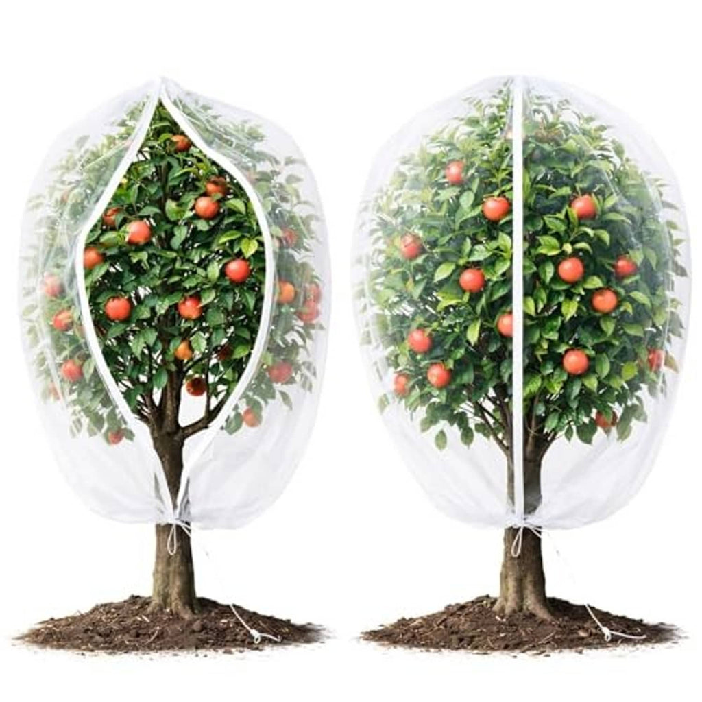 White fruit tree netting covers with zipper and drawstring, shown on two fruit trees