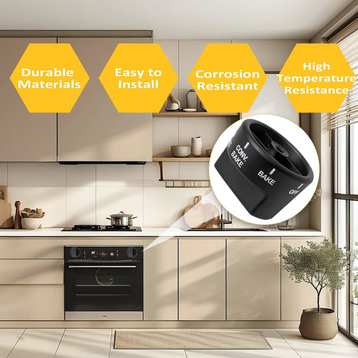 Black oven select control knob shown in a circular inset