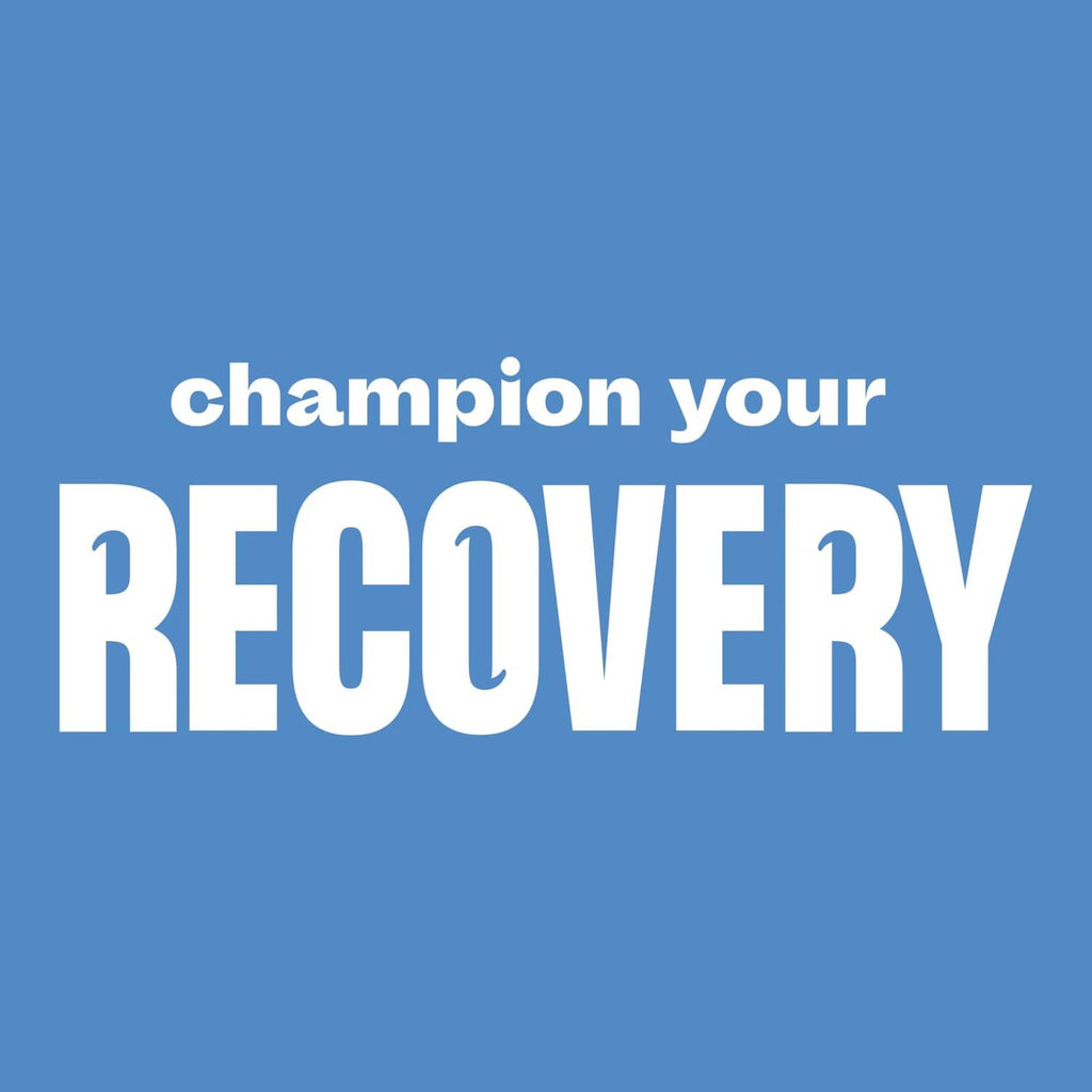 Protein shake recovery slogan graphic with “champion your recovery” text