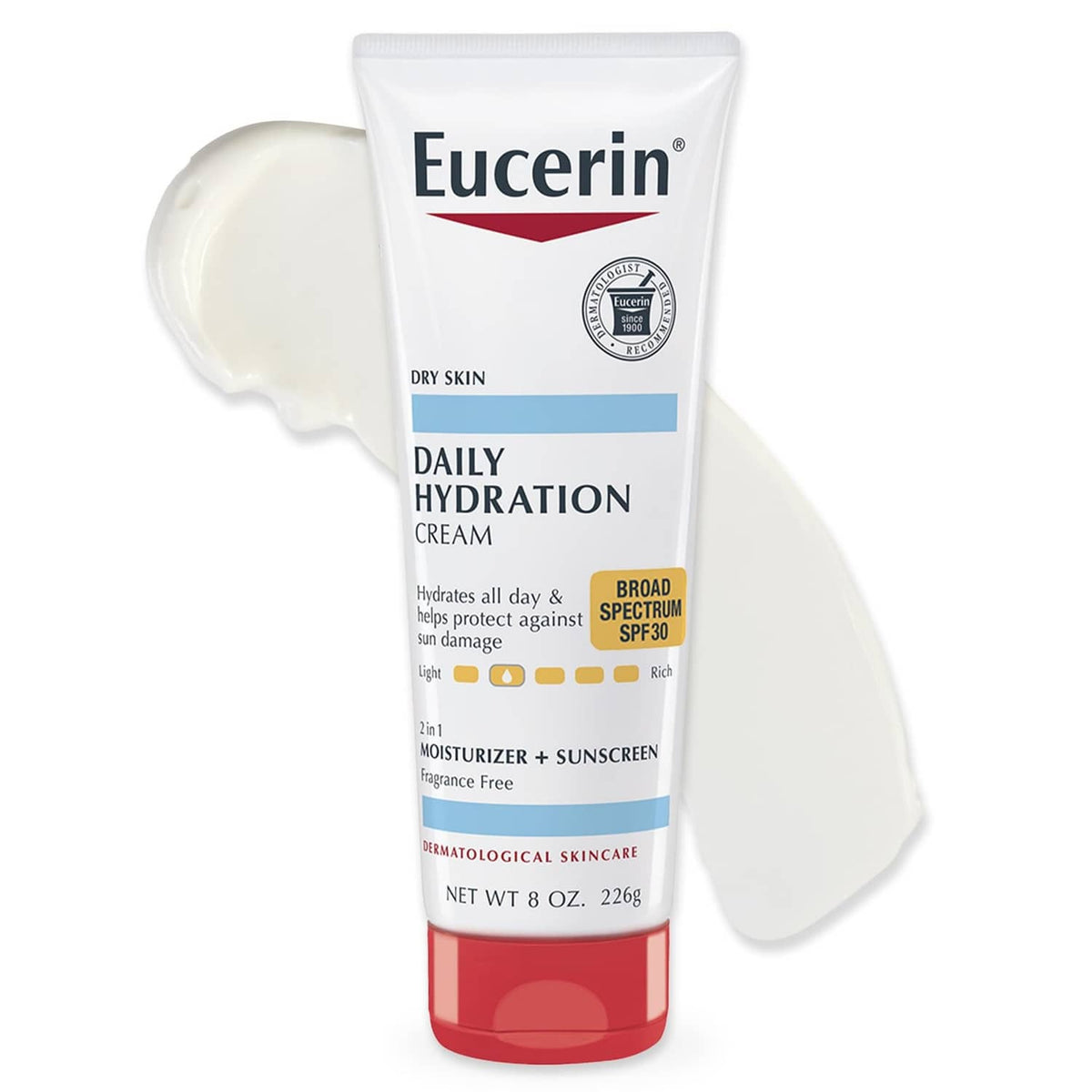 Eucerin daily hydration SPF 30 sunscreen body cream tube with broad-spectrum label