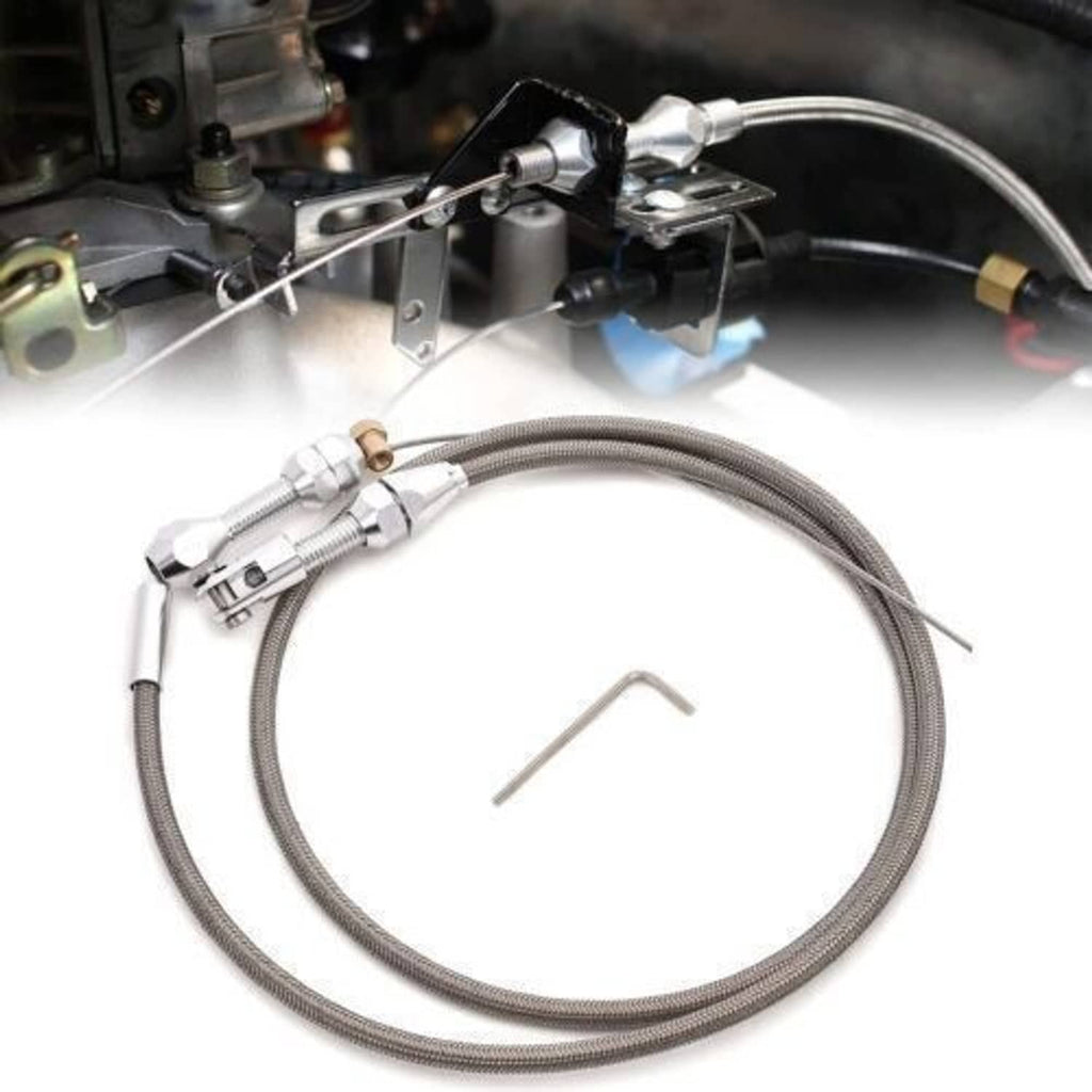 Throttle cable assembly with braided stainless steel housing and silver adjuster hardware