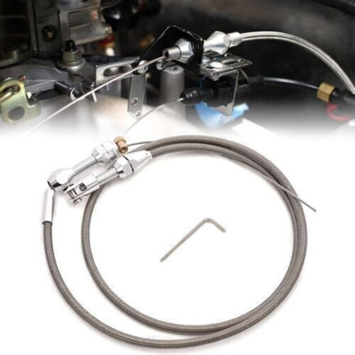 Throttle cable assembly with braided stainless steel housing and silver adjuster hardware