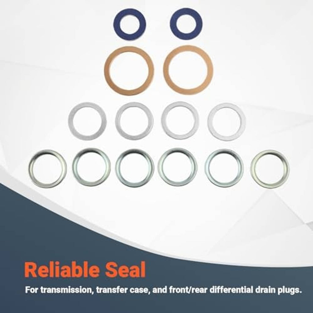 Drain plug gasket washers assortment with blue, copper, gray, and green metal sealing rings