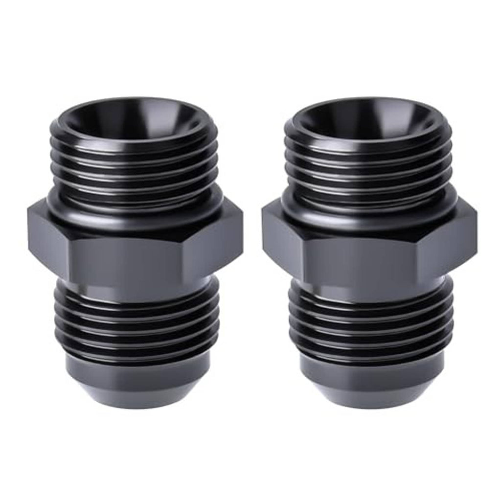Two black AN ORB adapter fittings with stacked threads and O-ring seat lip