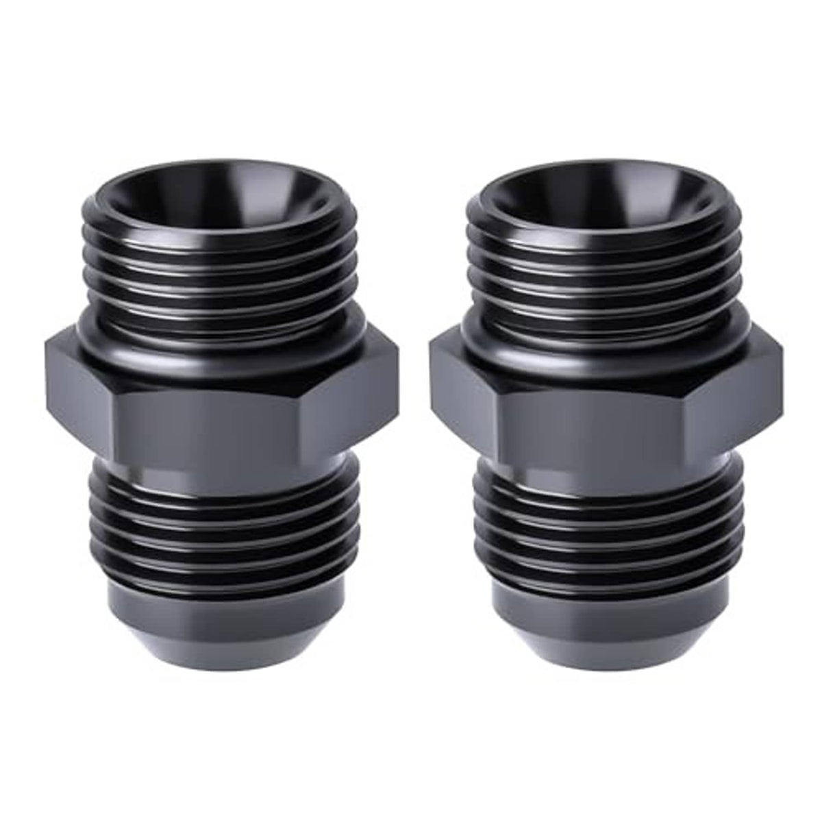 Two black AN ORB adapter fittings with stacked threads and O-ring seat lip