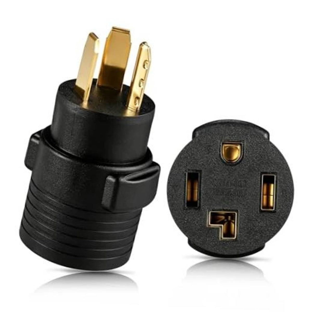 Black 3-prong to 4-prong dryer adapter with gold plug prongs