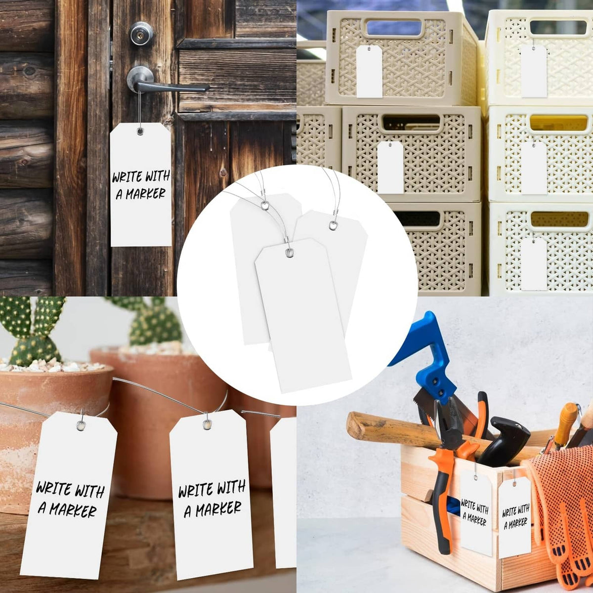 White plastic shipping tags with hanging loops, multiple tags on hooks