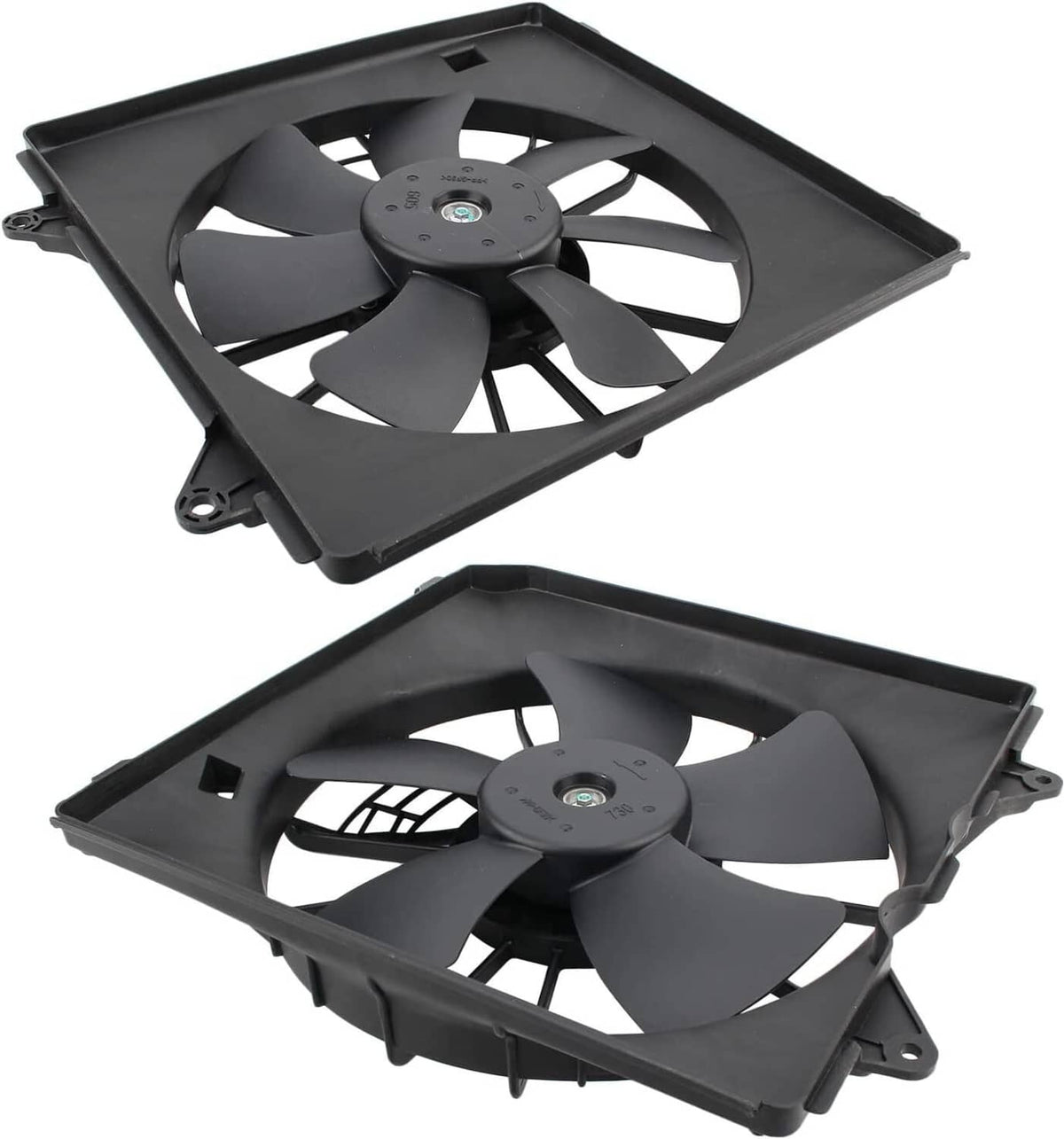Dual radiator cooling fan assembly with black shroud and central motor hub
