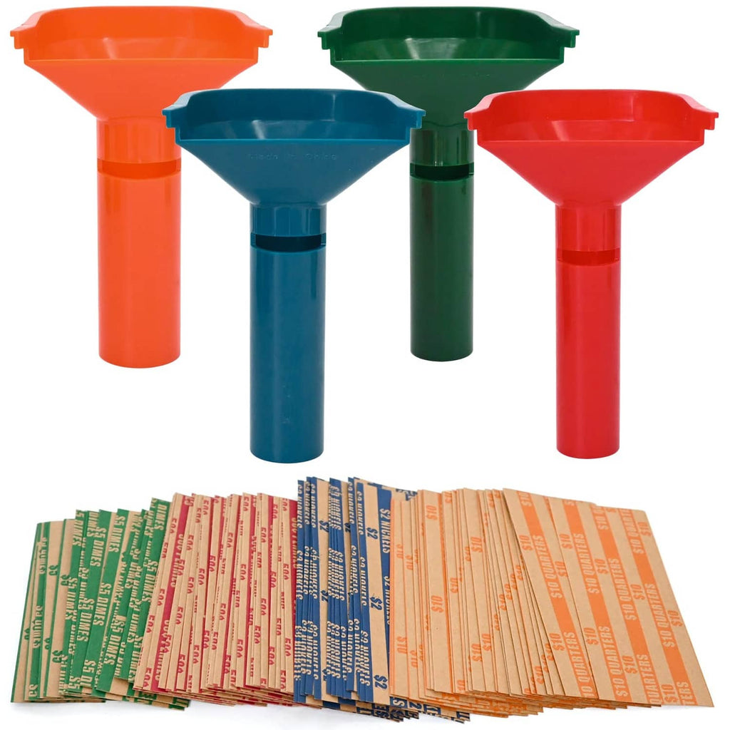 Assorted plastic coin tubes set with flat striped coin wrappers, four colored funnels