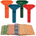 Assorted plastic coin tubes set with flat striped coin wrappers, four colored funnels
