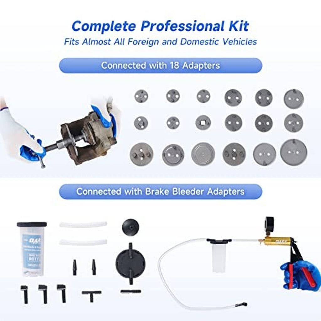 Brake bleeder kit with multiple service adapters and vacuum hose components laid out