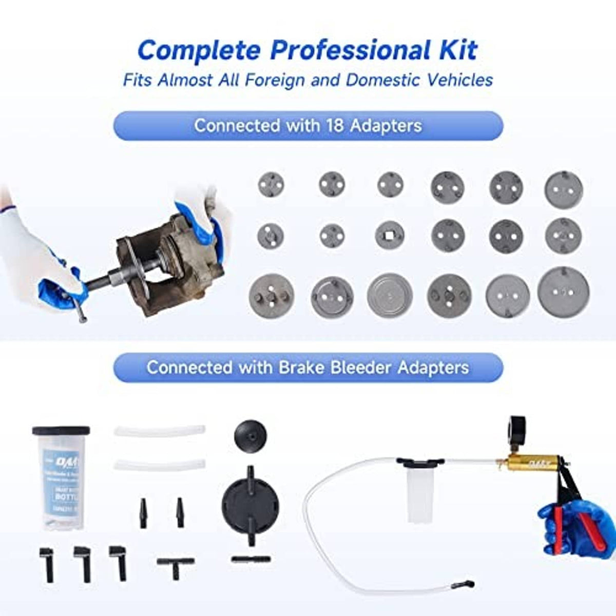 Brake bleeder kit with multiple service adapters and vacuum hose components laid out