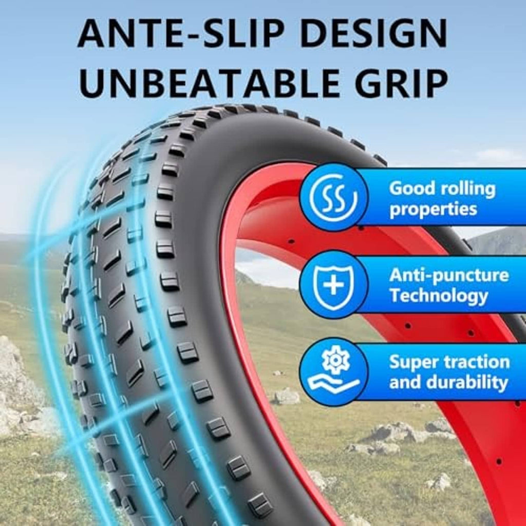 Fat bike tire tread with red rim, close-up side view