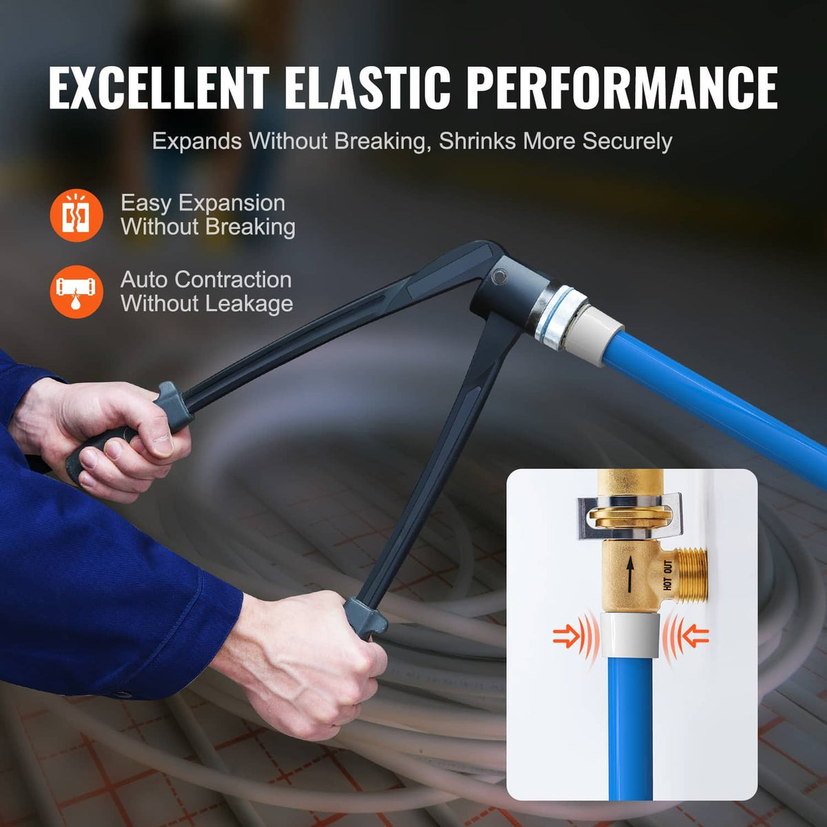 PEX-A tubing connection detail with hands holding blue and white pipe ends