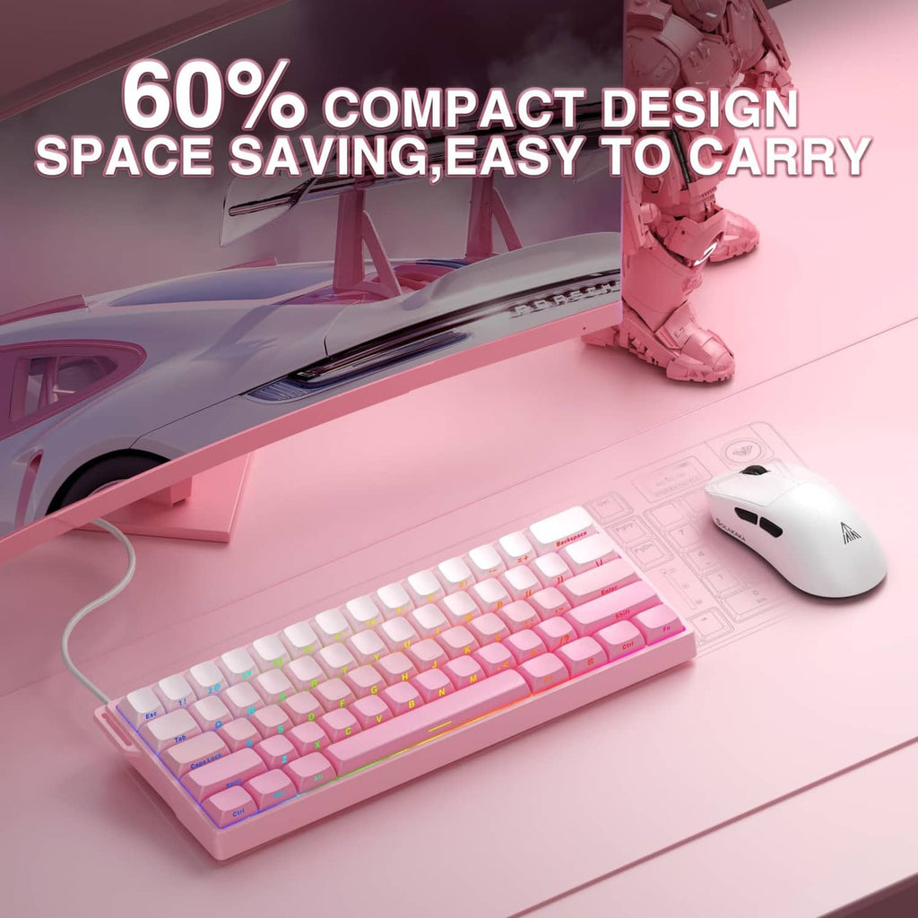 Pink compact 60% mechanical gaming keyboard with RGB backlit keys
