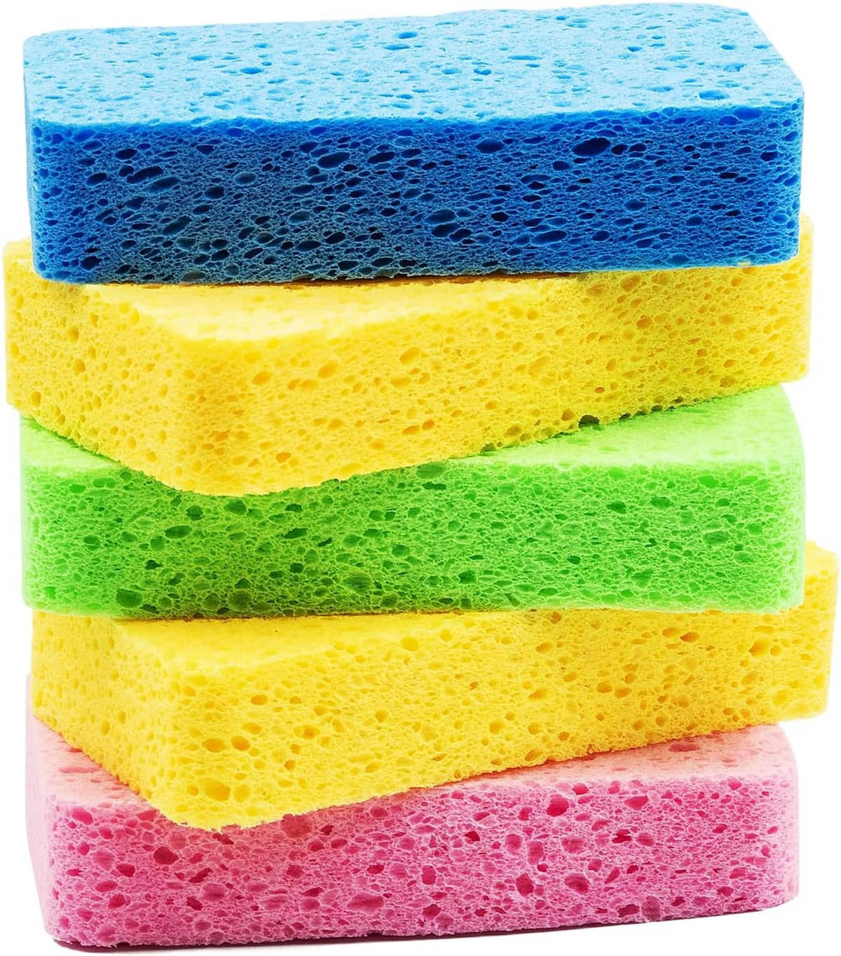 Close-up of thick stacked cellulose scrub sponges in blue, yellow, green, and pink