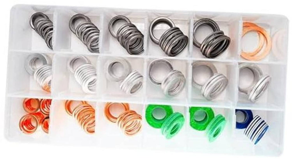 Oil drain plug gasket washer assortment kit, plastic case with assorted color rings