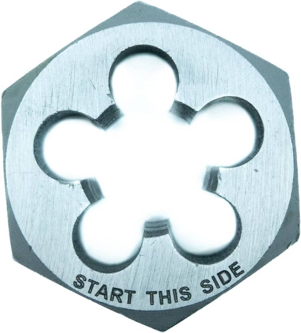 Hex external threading die close front view with five-lobe cutouts and 'START THIS SIDE'