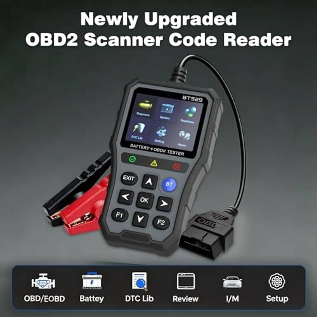 OBD2 scanner code reader with attached OBD connector cable, LCD screen, and keys