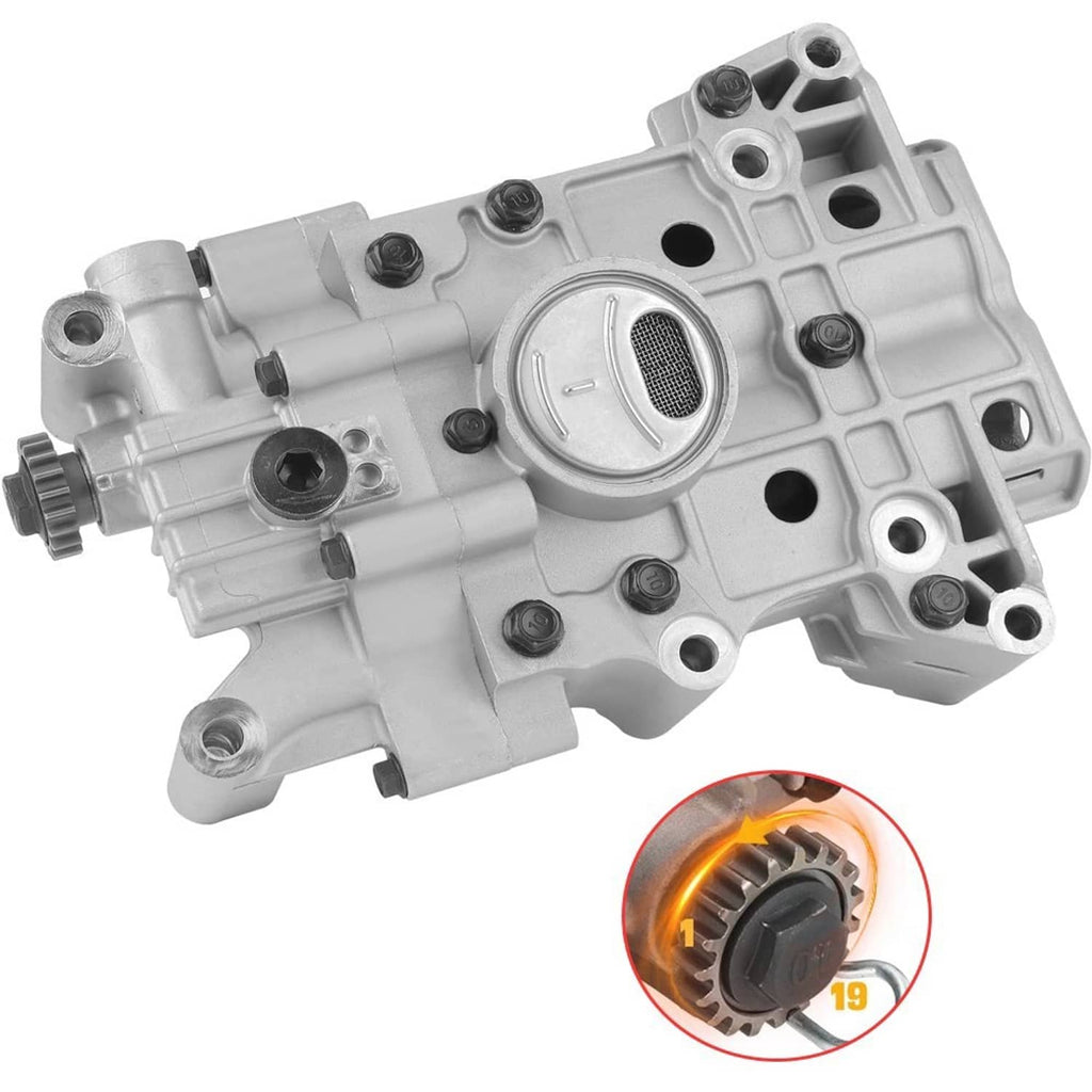 Gray engine oil balance pump assembly with circular port and mounting holes