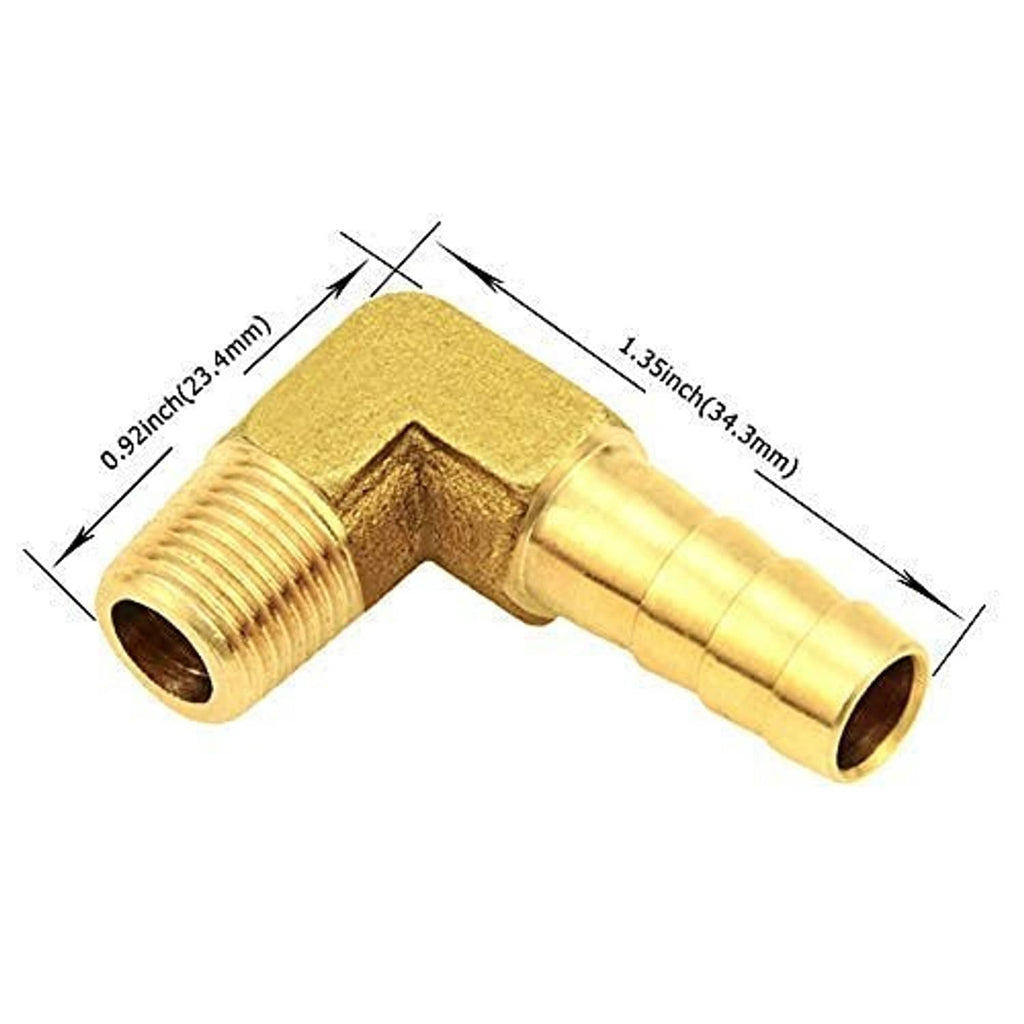 Brass 90-degree hose barb elbow fitting with male NPT threads and 5/16" barb