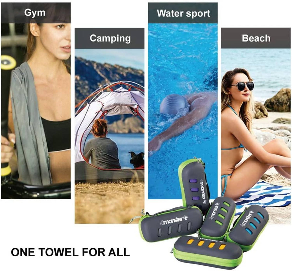 Assorted compact microfiber towels in multiple colors with snap-loop cases