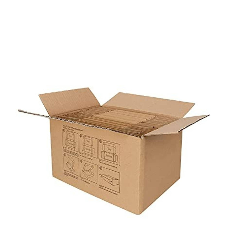 Small corrugated shipping box with top flaps open and interior visible