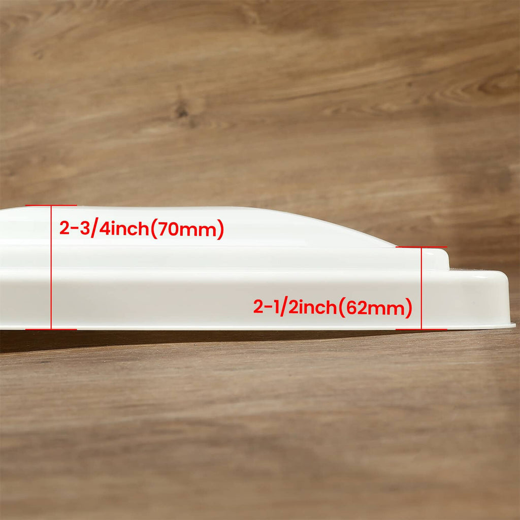 RV roof vent cover side profile with labeled measurements on white lid