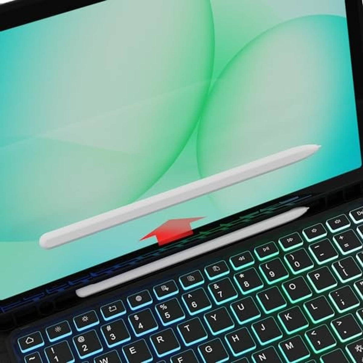 Black tablet keyboard case close-up with stylus pen and blue backlit keys