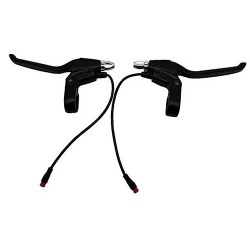 Pair of black bicycle brake levers with cables and red end caps