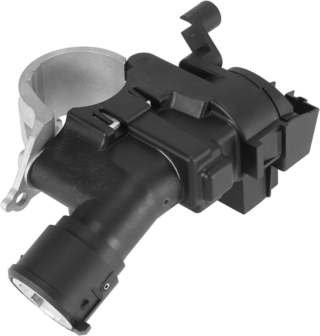 Ignition switch column lock housing with black cover, mounting tabs, and metal ring