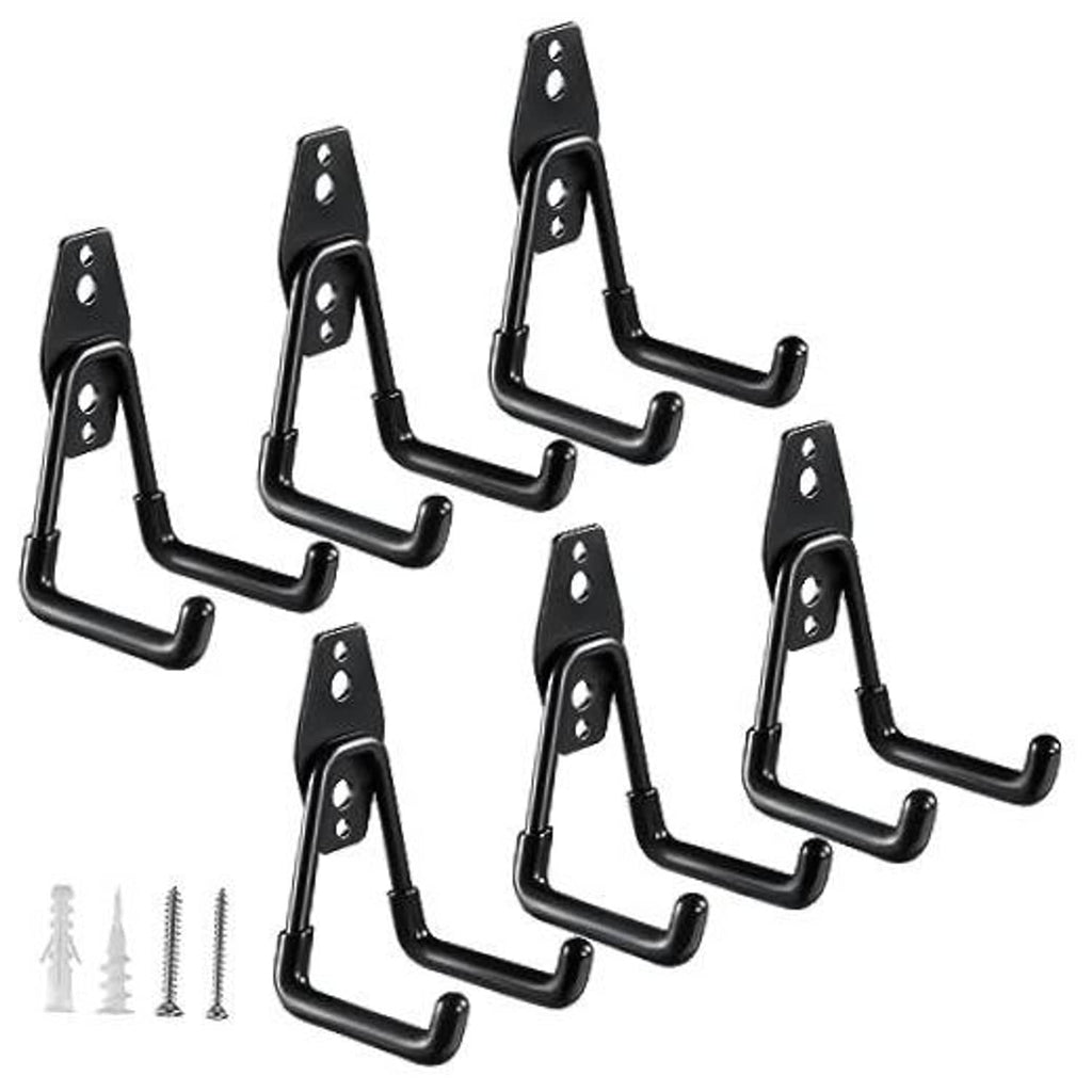 Set of 6 black small U-shaped garage hooks with screw-mounting plates