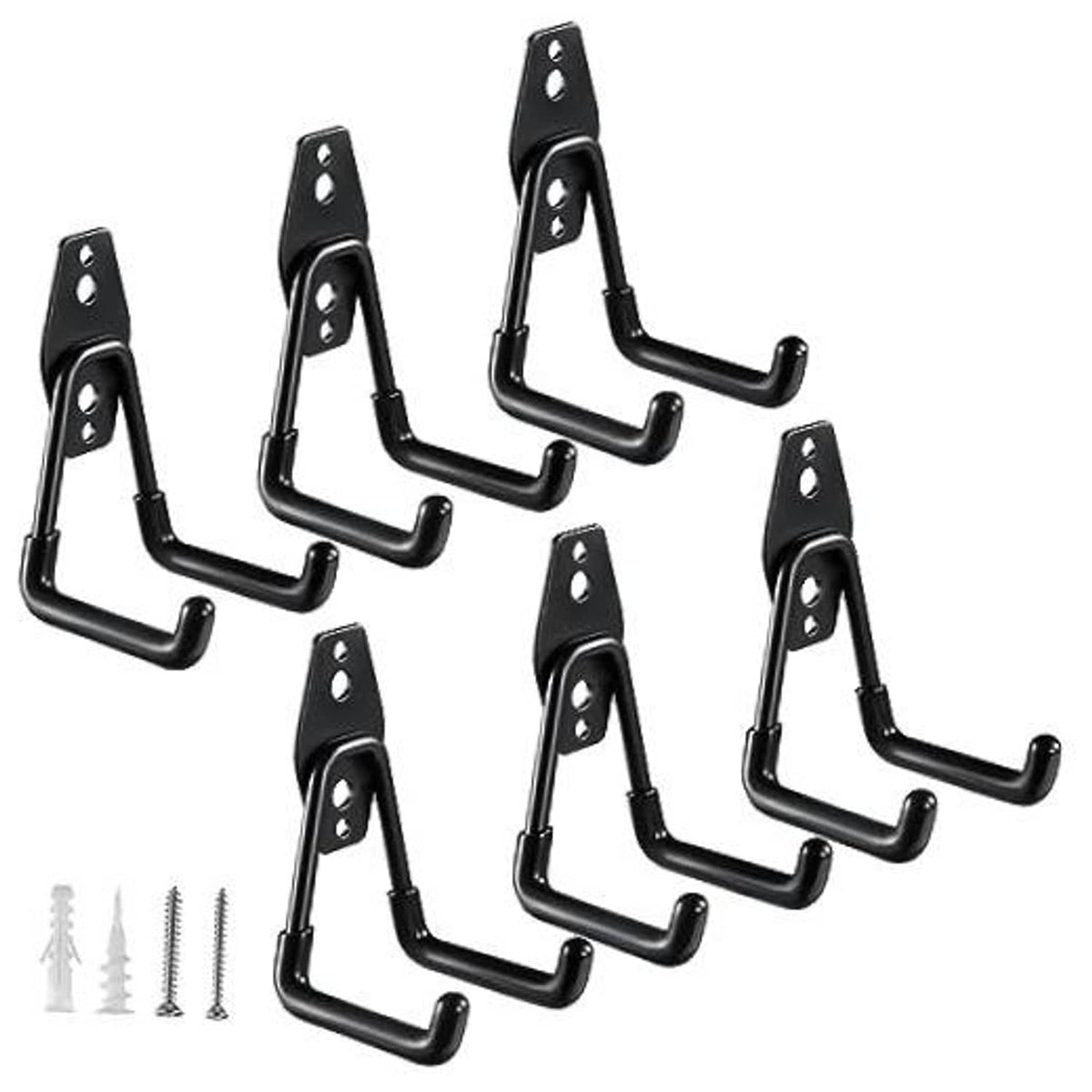 Set of 6 black small U-shaped garage hooks with screw-mounting plates