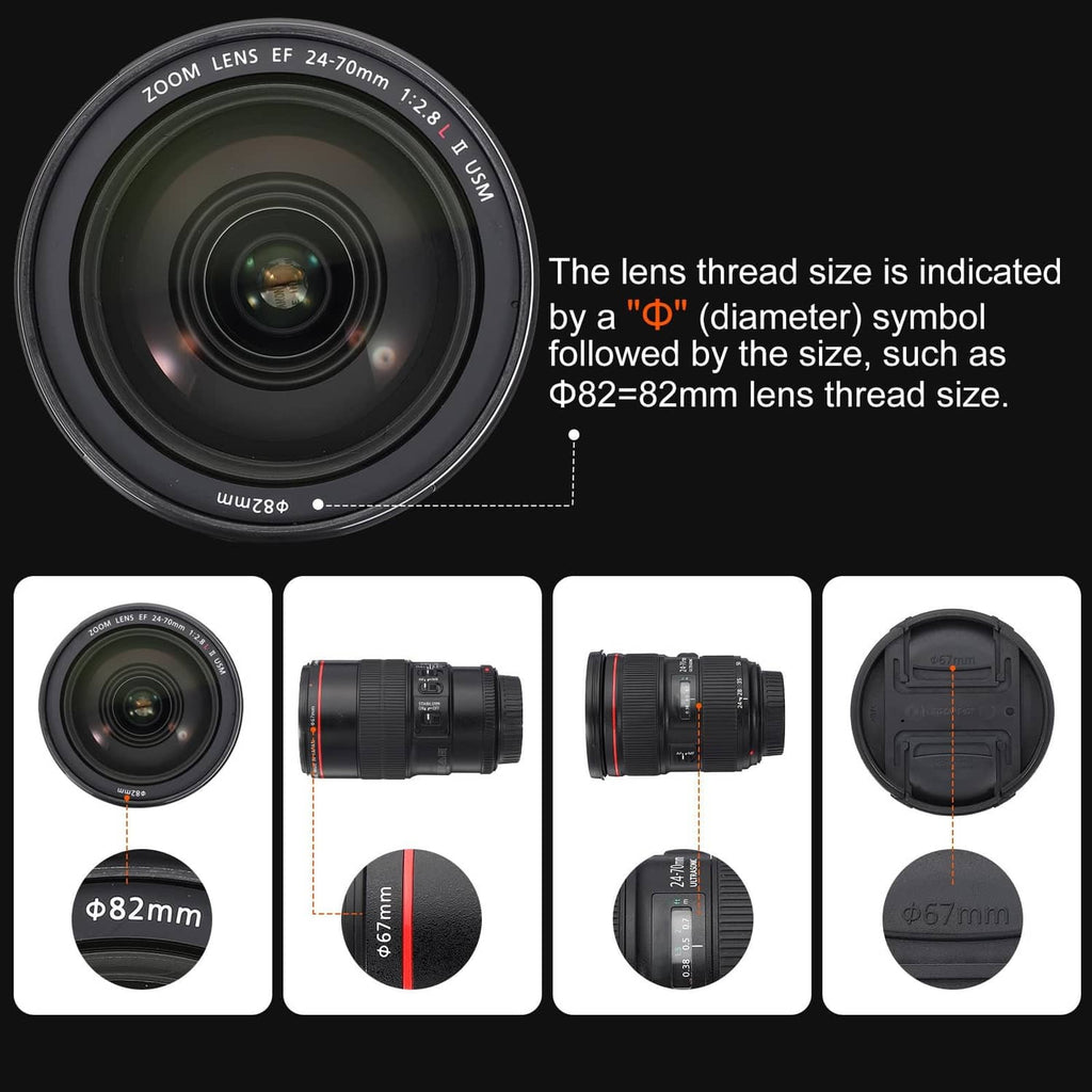 CPL filter on camera lens thread size graphic with size callouts