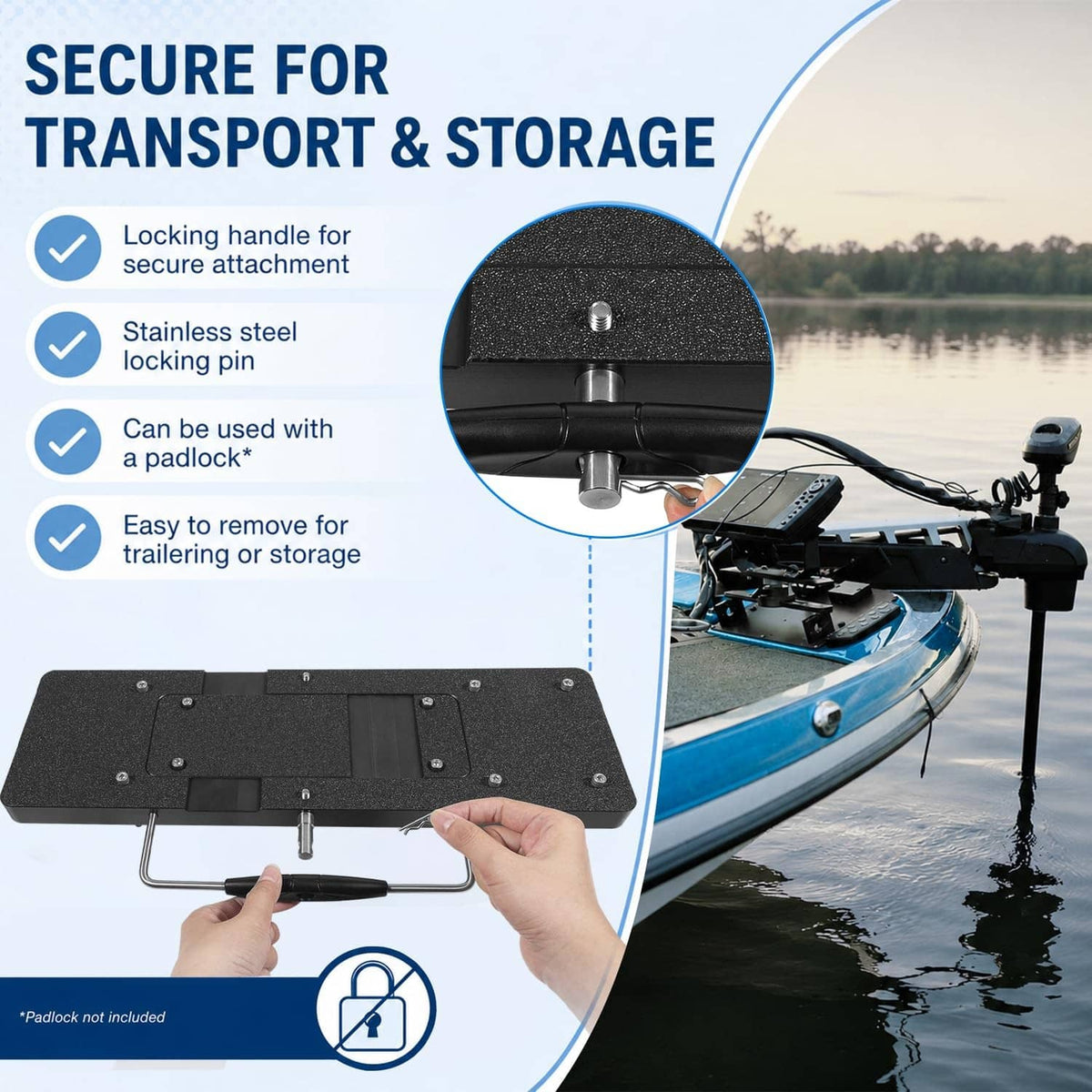 Black quick-release bracket with locking handle, held for transport or storage