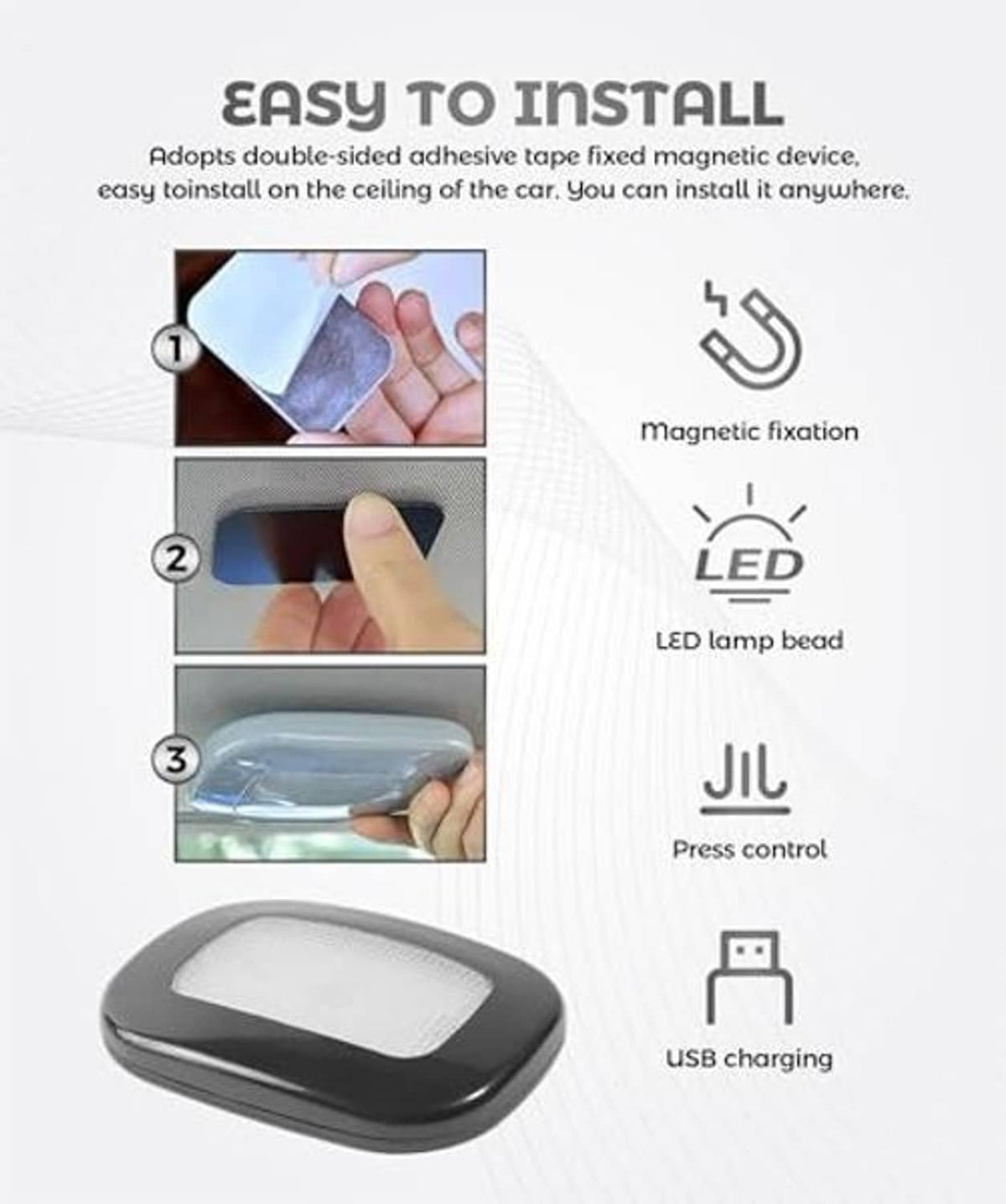 Black magnetic LED roof light with USB charging and press control button