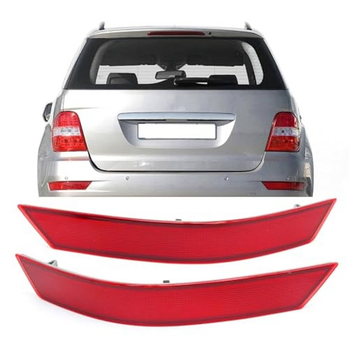 Red rear bumper reflector pair, wide curved lens design